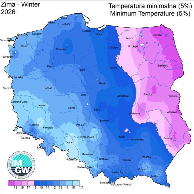 Minimalna temperatura powietrza (5. percentyl) w Polsce w sezonie zimowym 2025/2026 (grudzień–luty)